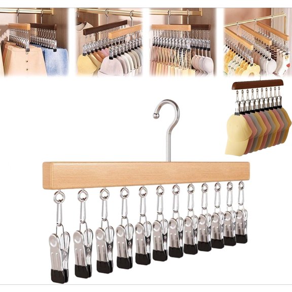 Wooden Hat Organizer, Hanger Closet with 12 Clips, Smart Rotating for Closet, Space Saving Closet and Storage for Hats, Pants, Leggings, Socks