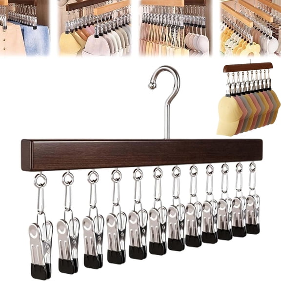 Wooden Hat Organizer, Hanger Closet with 12 Clips, Smart Rotating for Closet, Space Saving Closet and Storage for Hats, Pants, Leggings, Socks