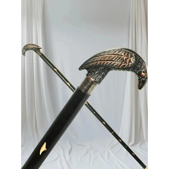 Wooden Head Handle Handmade Walking Stick Cane, Raven Crow Style