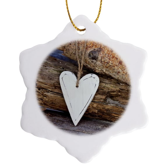 3drose, Wooden Heart and Driftwood Photography, 3 inch Snowflake Porcelain Ornament