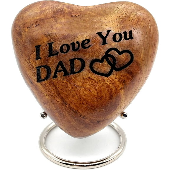 Wooden Heart Keepsake Urn - Mini Ash Urn Small Handcrafted Cremation Urn for Ashes - Tribute to Your DAD - Perfect for Adults & Love Ones with Premium Display Stand with Engraved I Love You DAD