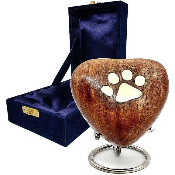 Wooden Heart Keepsake Urn - Mini Ash Urn Small Handcrafted Cremation Urn for Ashes - Tribute to Your Loved One - Perfect for Pets with Free Premium Velvet Box & Display Stand (Wooden Urn)