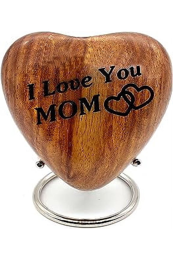 Wooden Heart Keepsake Urn - Mini Ash Urn Small Handcrafted Cremation Urn for Ashes - Tribute to Your MOM- Perfect for Adults with Premium Display Stand engraved with I LOVE YOU MOM
