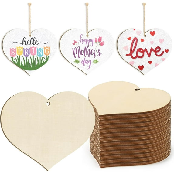 Wooden Heart Ornaments to Paint, Mothers Day Decoration Cutouts Unfinished 10PCS 3.5 x 3 inches, DIY Blank Wood Discs Ornament for Home Crafts Hanging Valentine Day Father's Thanksgiving Decoration