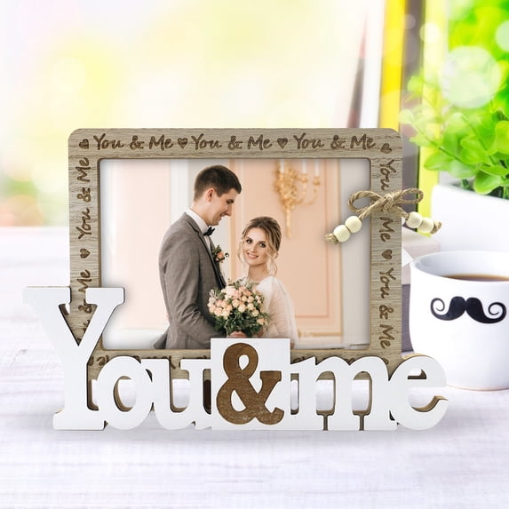 Wooden Heart Photo Frame - Wedding English Letter Design, Home Decor Picture Frame for Couples and Anniversary Gift