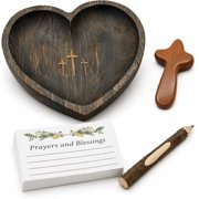 Wooden Heart Shaped Prayer Bowl Set with 3 Carved Crosses, Prayer Cards, Handheld Cross & Pencil, Solid Wood Christian Keepsake Decor for Reflection, Home Altar, Baptism Gift   Brown