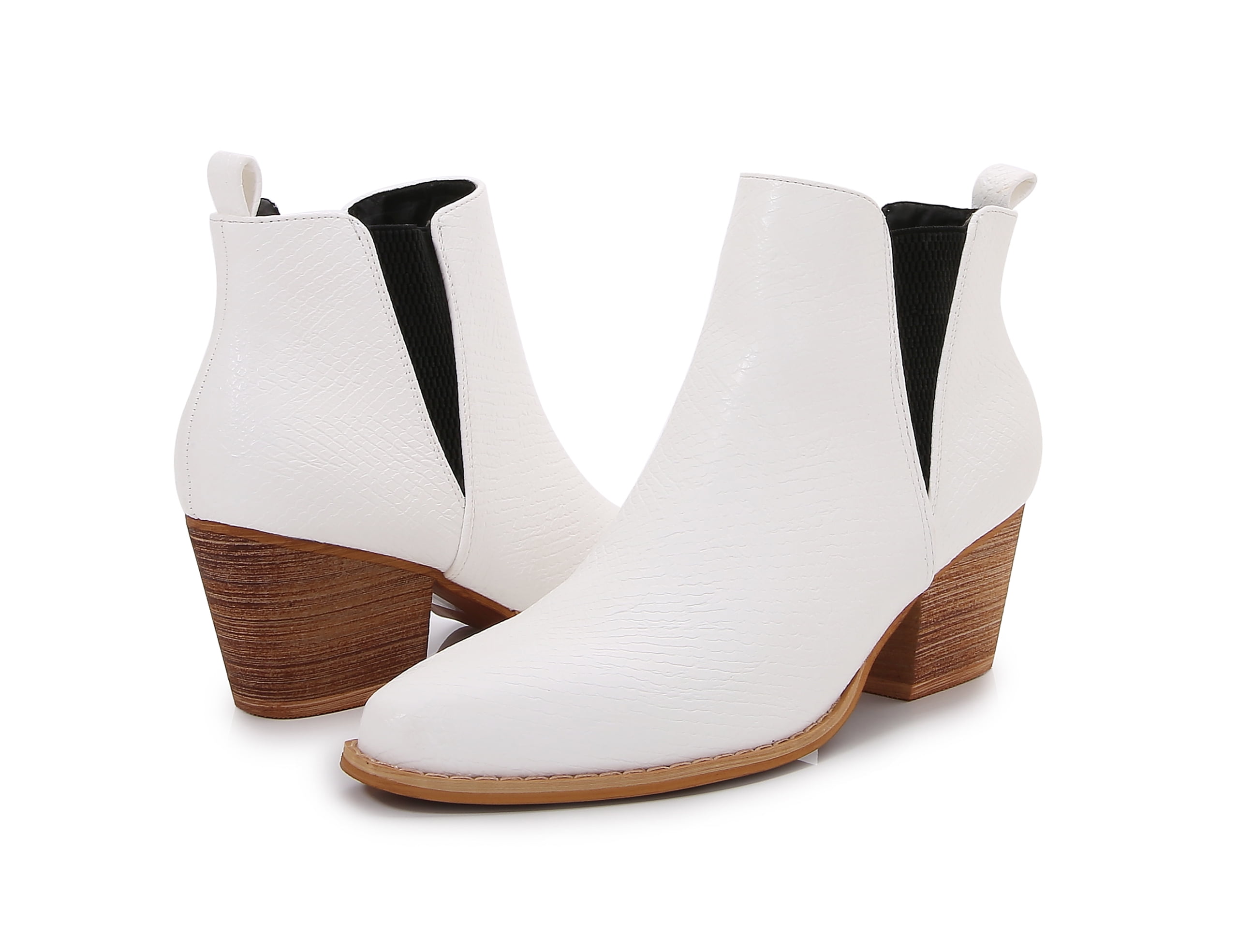 Wooden Heel Short Chelsea Ankle Boots (White, 7)