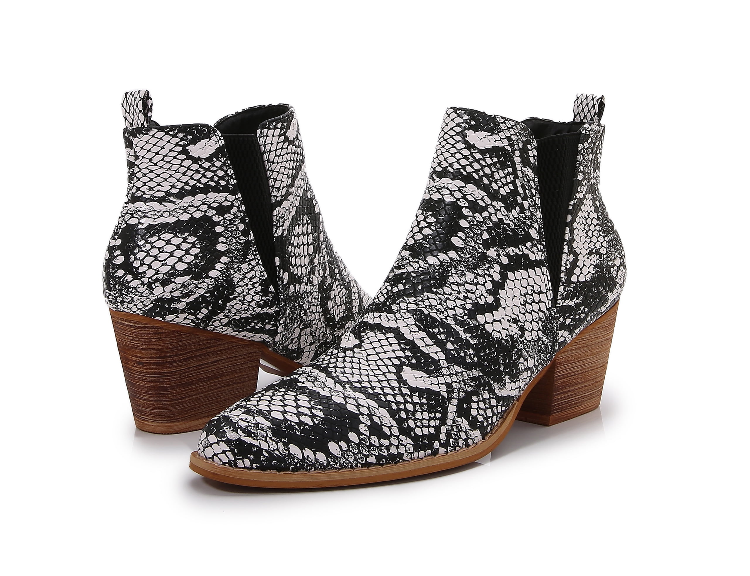 Wooden Heel Short Chelsea Ankle Boots (White Snake Skin, 11)