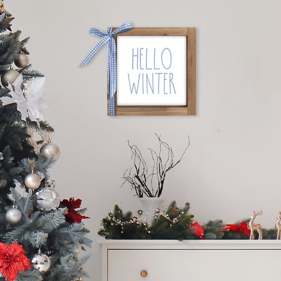 Wooden Hello Winter Sign, 6 In Christmas Holiday Decorative Signage Plaque Decor, Indoor Table Top Shelf Mantel Tiered Tray Desk Wall Art Office Bathroom Rustic Farmhouse Decorations for Home