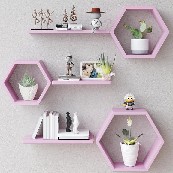 Wooden Hexagon Floating Shelves Wall Mounted,Set of 6 Pine Hexagon Shelves Display for Photos,Plants,Rustic Honeycomb Shelves for Living Room,Bedroom,Bathroom, Kitchen, Office Decor, Pink