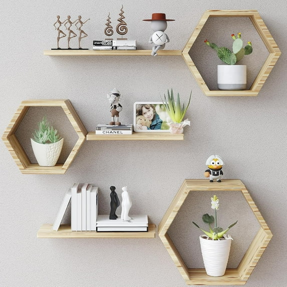 Wooden Hexagon Floating Shelves Wall Mounted,Set of 6 Pine Hexagon Shelves Display for Photos,Plants,Rustic Honeycomb Shelves for Living Room,Bedroom,Bathroom, Kitchen, Office Decor, Grey