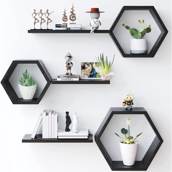 Wooden Hexagon Floating Shelves Wall Mounted - Set of 6 Pine  Hexagon Shelves Display for Photos,,Rustic Honeycomb Shelves for  Room, ,Bathroom, Kitchen, Office Decor, Black.