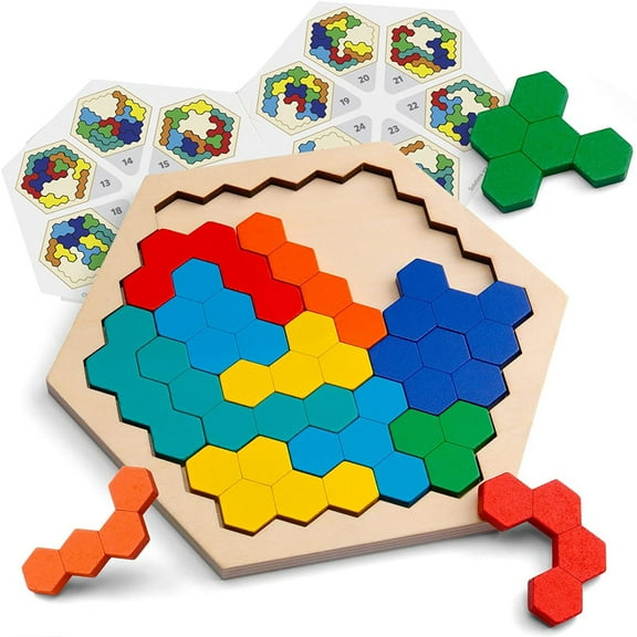 Wooden Hexagon Puzzle for Kid Adults - Shape Pattern Block Tangram Brain Teaser Toy Geometry Logic IQ Game STEM Montessori Educational Gift for All Ages Challenge