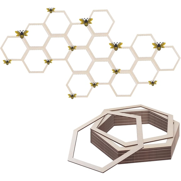 Wooden Hexagonal Wall Sticker 16 PCS Honeycomb Wall Art Decoration Casual DIY for Living Room Bedroom Office Birthday Party Decoration (With 3D Three-dimensional Little Bee)