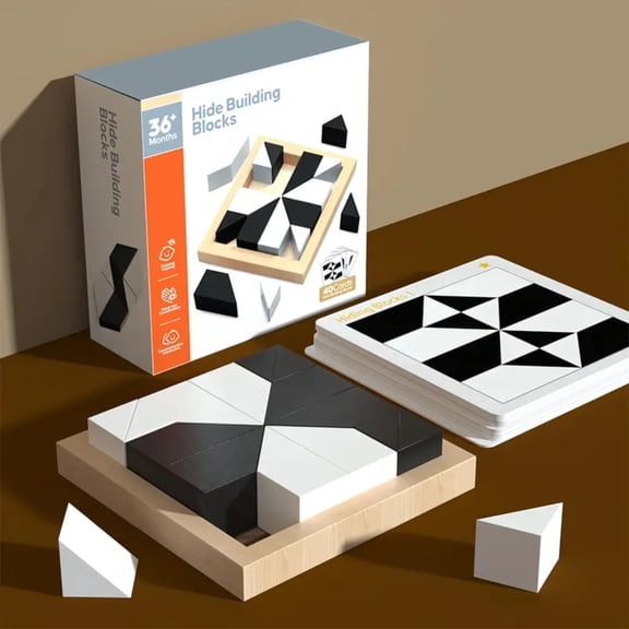 Wooden Hidden Blocks Puzzle Game - 80 Brain Challenges with Solid Wood Box & Deluxe Black and White Pieces, 3D Logic & Spatial Thinking Tabletop Toy, Perfect for Family Fun & Creative Gifts