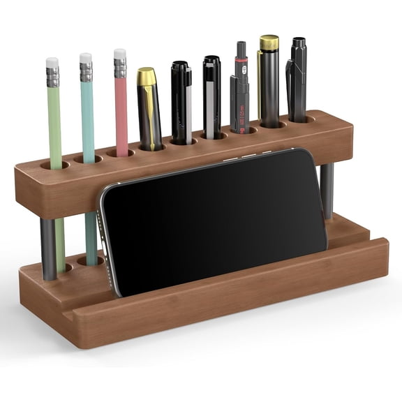 Wooden Holder for Office Desk, Solid Pen Display Stand With 9 Slots and Cell Phone Holder, Aesthetic Pen Organizer for Minimalist Office Desk Decor (+Black)