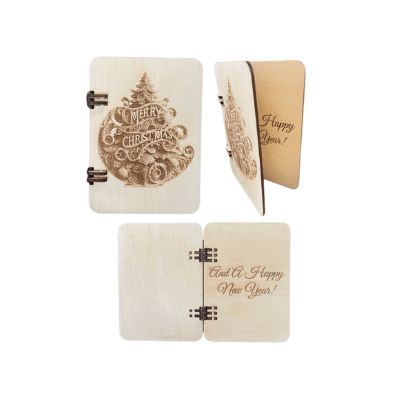 Wooden Holiday Card with Hinges, 4x6 inches, Merry Christmas and Happy New Year Design