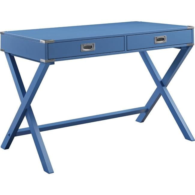 Amenia Blue Finish Rectangular Writing Desk with X-Shaped Base and Metal Accents