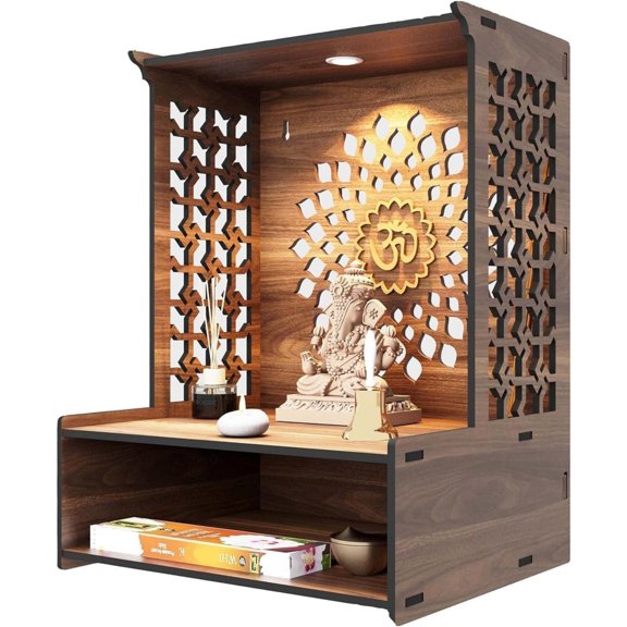 Wooden Home Temple Mandir with LED Spot Light, Storage Space, Wall Mount or Tabletop, Contemporary Architectural Design A4