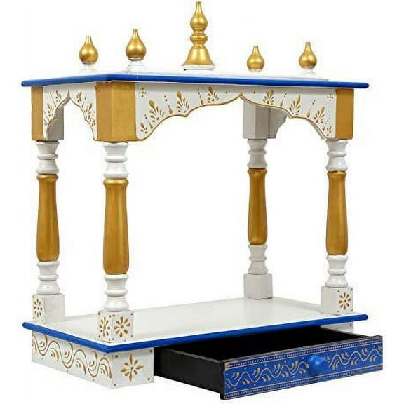 Wooden Home Temple with Free Complete Puja Samagiri/Diya/Agarbati Stand with 5 Agarbati's/All Arti Book/God's Photo Frame/Puja Thali