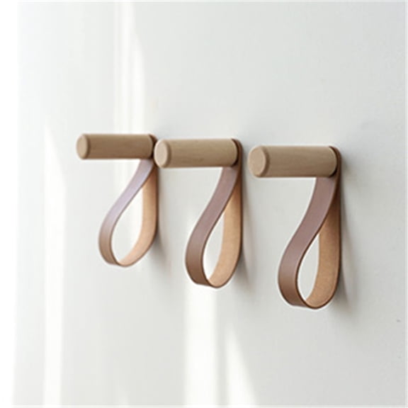 Wooden Hooks with Leather for Wall Mounted Single Hangers, Handmade Craft for Coats Hat Bags Rack 3pcs (beech)