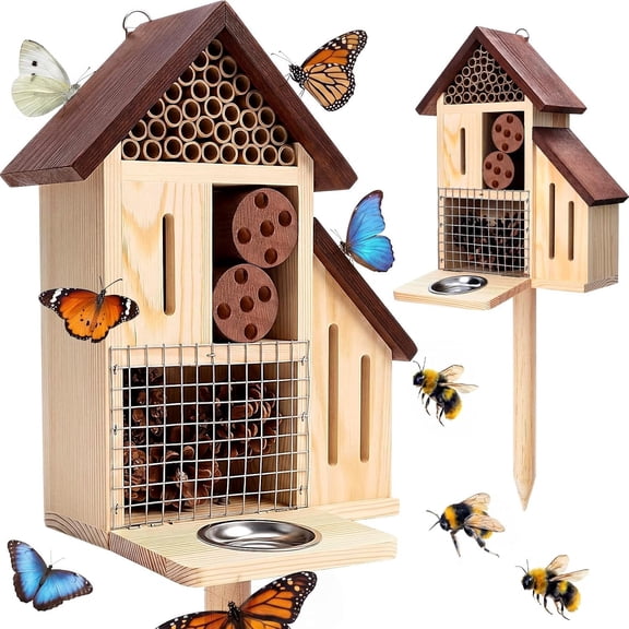 Wooden Hotel Ladybugs Butterfly House Large Mason Lady Hotel with Stake and Feeder for Garden Yard Backyard Attract Butterflies Pollinators Beneficial (Brown)