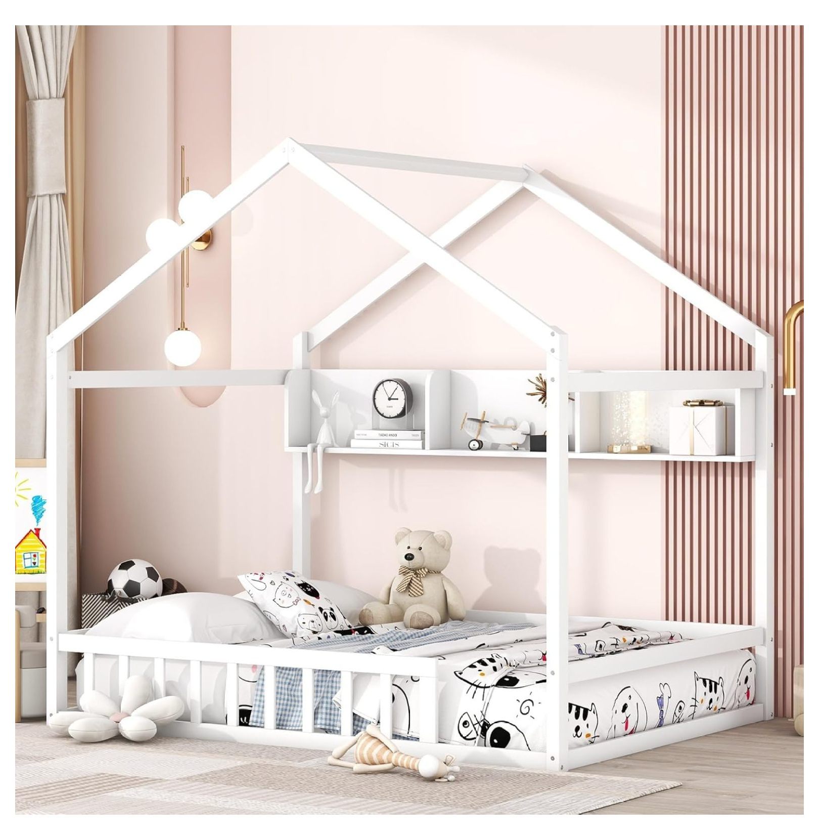 Wooden House Bed with Storage Shelf, Full Size Floor Platform Bed