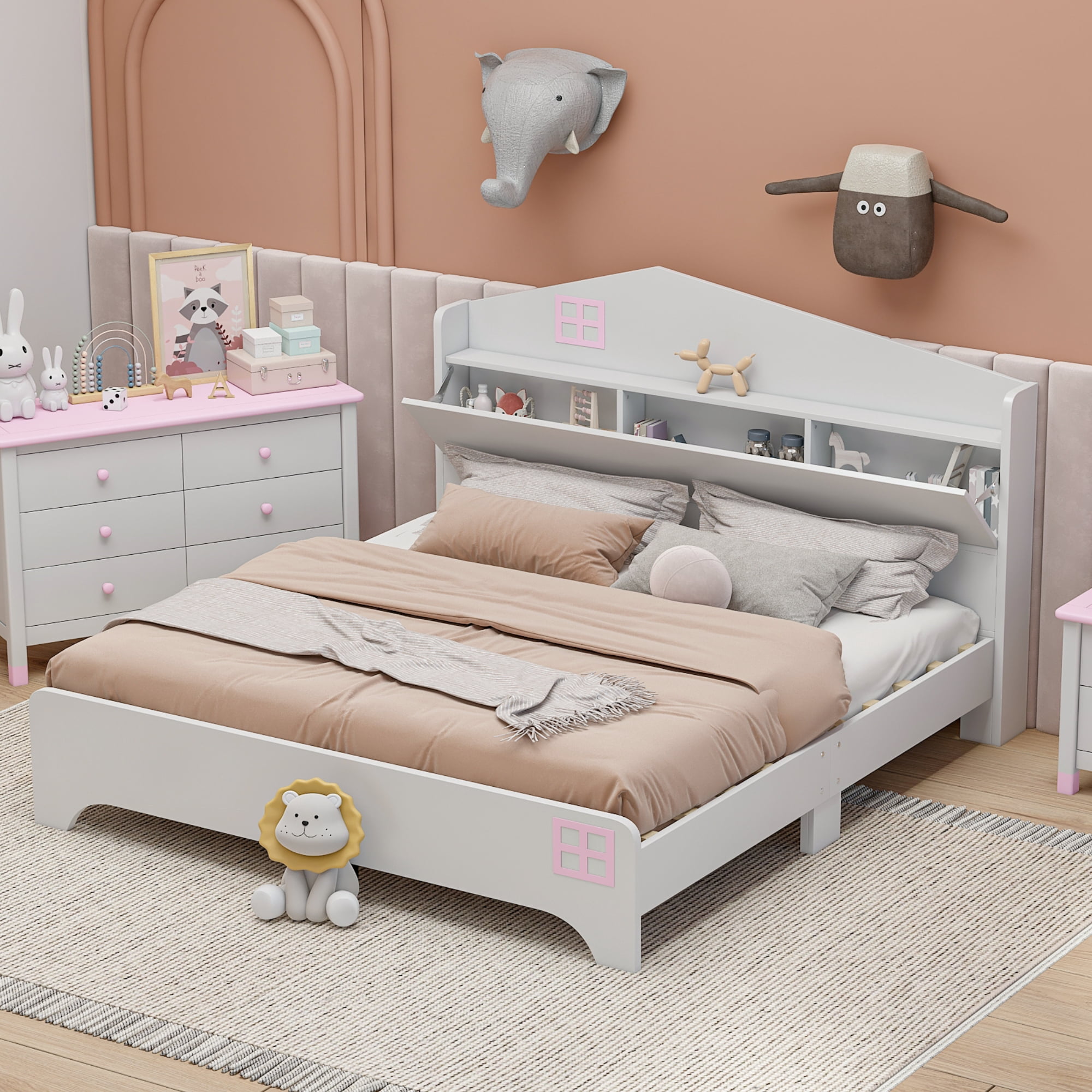 Wooden Full Size Children's Bed with Detachable Headboard