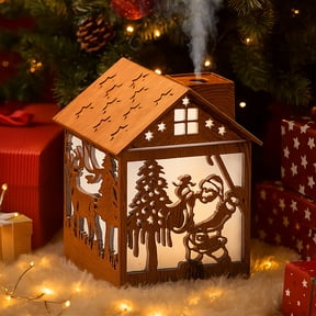 Wooden House Humidifier, 240ml Cool Mist Wooden House Humidifier with Santa Silhouette, 7-Color LED Lights, USB Powered, Quiet & Auto Shut-Off for Bedroom Home Office (Light)