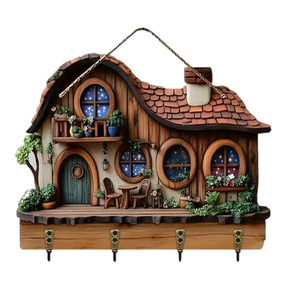 Wooden House-Shaped Wall Hooks, Rustic Cottage Design Coat Rack, Decorative Key Holder with 4 Hooks for Entryway & Home Decor