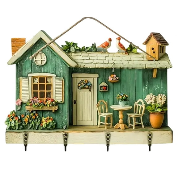 Wooden House-Shaped Wall Hooks, Rustic Cottage Design Coat Rack, Decorative Key Holder with 4 Hooks for Entryway & Home Decor