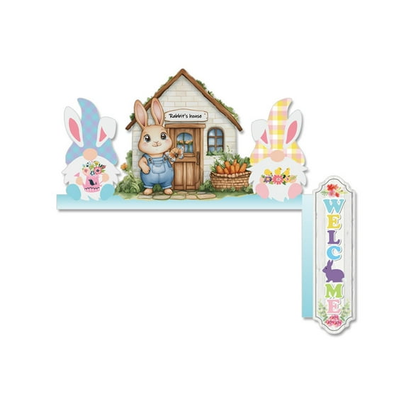 Wooden House and Bunny Shelf Decor with Carrot Accent for Seasonal Home Display Easter Theme Decorative Piece