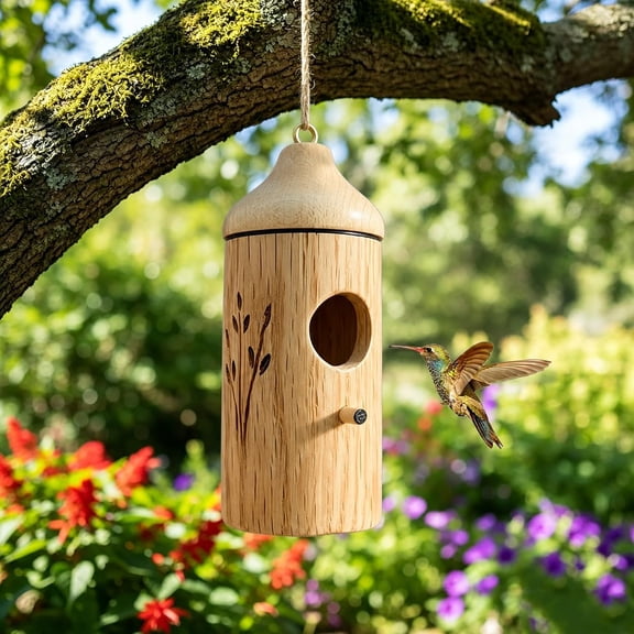 Wooden Hummingbird House for Outside Hanging, Pine Bird Nest with Rope and Perch 12cm
