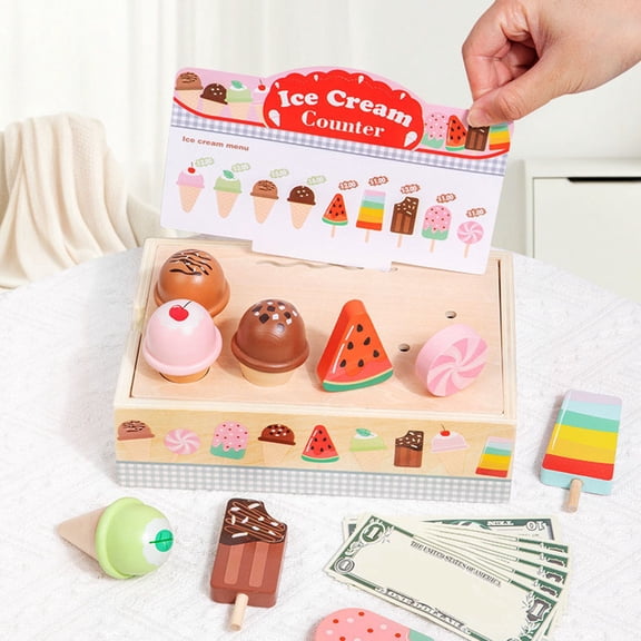 Wooden Ice Cream Shop Role Play Counter Simulation Store Dessert Stand Pretend Play Interactive Role Playing Game Imaginative Social Communication Toy Home Desktop Display Decoration Gift