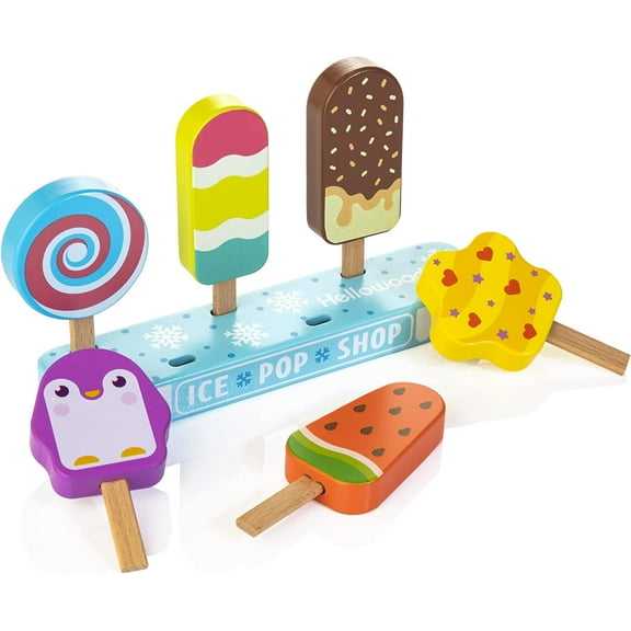 Wooden Ice Pop Shop Pretend Play Set for Kids, 7 Pieces Realistic Ice Lolly Play Food Toys Set, Montessori Role Play Toys for Toddlers Age 2-4
