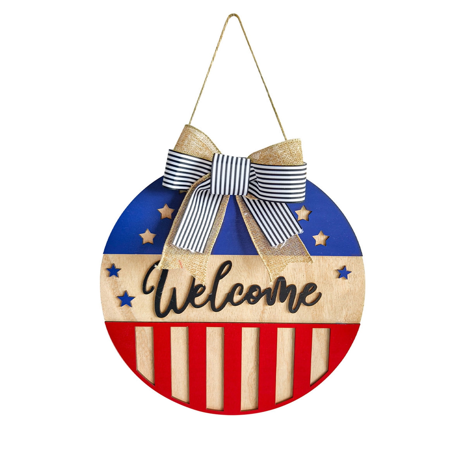 Wooden Independence Day Door Hanger With Welcome Bow Red White Blue ...