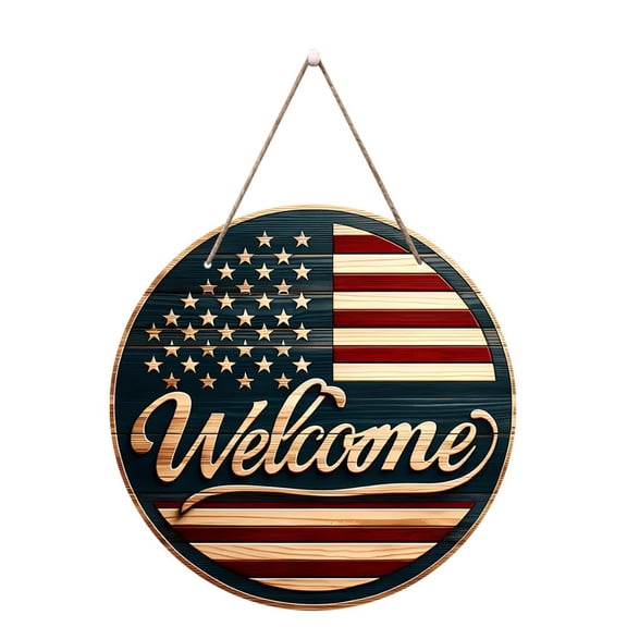 Wooden Independence Day Welcome Sign American Flag Round Hanging Signs with 40cm Hemp Rope Fourth of July Day Welcome Door Sign