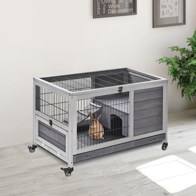 Wooden Indoor Elevated Bunny Cage Small Animal House with Enclosed Run