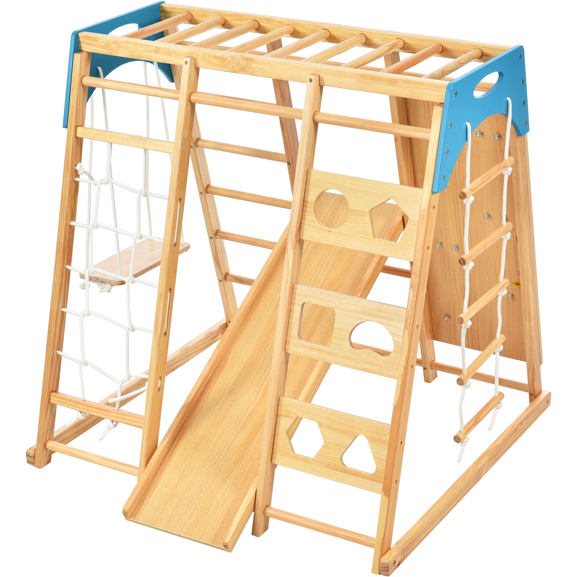Wooden Indoor Playground Jungle Gym for Kids, Toddlers Wooden Climber 8in1 Slide Playset, Rock