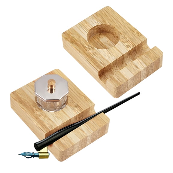 Wooden Ink Bottle Holder with Glass Dappen Dish/Iron Lid Bowl Cup Dish for Calligraphy BurlyWood 9.1x6.5x2cm Inner Diameter: 3.4cm