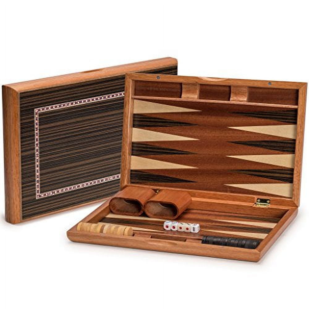 13-Inch Wooden Inlaid Backgammon Set with Faux Leather Exterior