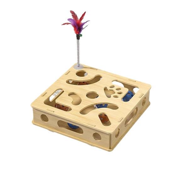 Wooden Interactive Cat Puzzle Toy, Interactive Cat Toys for Indoor Cats, Interactive Maze for Kitten Wooden Puzzle Box with 6 Jingle Balls and Wand, Self Play Fun Exercise Hide Seek Moving Cat Toy