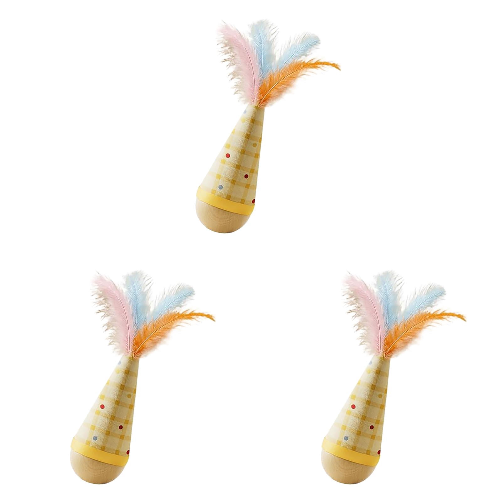 Wooden Interactive Cat Toy Tumbler Wobble Toy for Indoor Cats, Self Righting Chaser with Orange Feather, Wood Interactive Play for Boredom Relief and Exercise