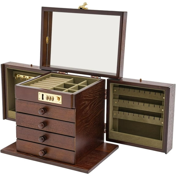 Wooden Jewelry Box for Women, 5 Layer Large Jewelry Organizer, Rustic Jewelry Holder Organizer with Lock & Mirror, Jewelry Case for Necklaces, Earring, Rings, Bracelets