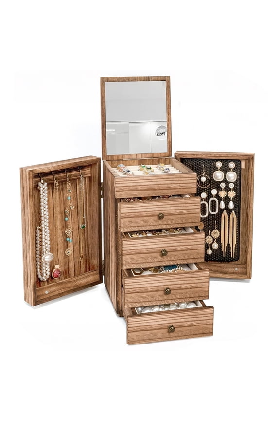 Jewelry Box Wood for Women, 5 Layer Large Organizer Box with Mirror & 4 Drawers for Rings, Earrings, Necklaces, Vintage Style, Torched