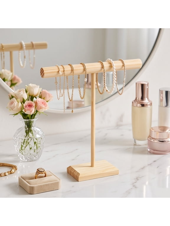 Wooden Jewelry Display Stand, T Shaped Bracelet and Necklace Holder with Tiered Hanging Design, Decorative Countertop Organizer for Bangles, Hair Accessories, Vanity, Retail Display and Home