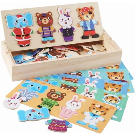 72 Pcs Wooden Dress Up Puzzle, Mix & Match Animal Dress-Up Toys with Storage Box, Educational Montessori Toys, Non-Toxic & Safe, Ideal Gift(Mixed)