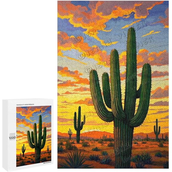 Wooden Jigsaw Puzzle 1000 Pieces Cactus Botanical Decor Brain Training Puzzle Game, Decorative Puzzle Art, Gift for Plant Lovers, Finished Size 30 x 20 Inches