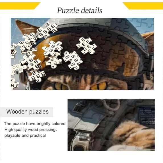 Wooden Jigsaw Puzzle 1000 Pieces Cat Pilot Print, Zigsaw with Alphabet Partition Storage Bag Easy to Solve, Fun Family Game Creative Gift for Friends Parents Grandparents
