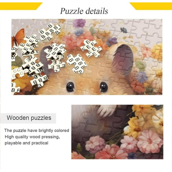 Wooden Jigsaw Puzzle 1000 Pieces Hamster Flower Print, Zigsaw with Alphabet Partition Storage Bag Easy to Solve, Fun Family Game Creative Gift for Friends Parents Grandparents